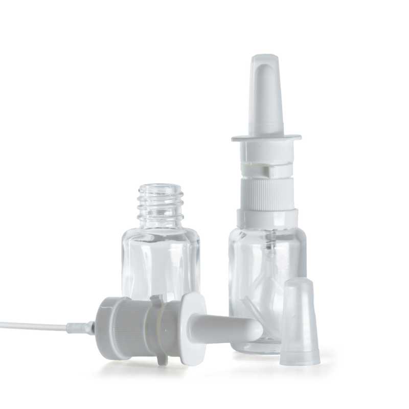 Flacon en verre transparent, rond, spray nasal blanc, 12 ml