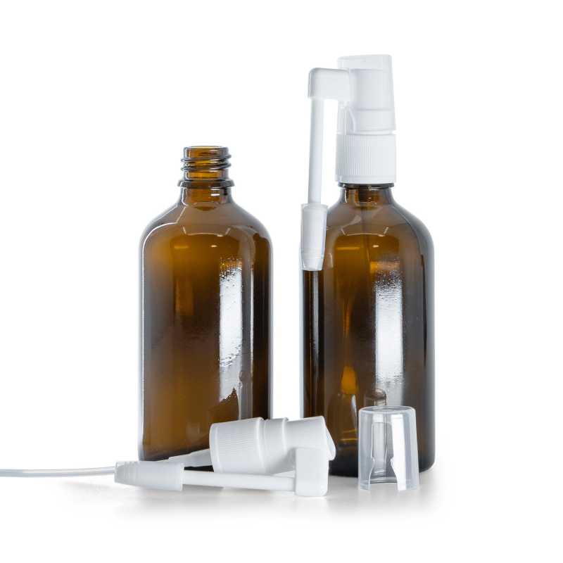 Flacon en verre ambré, spray oral blanc, 100 ml