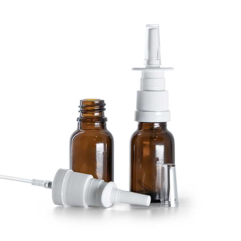 Flacon en verre ambré, spray nasal blanc, 15 ml