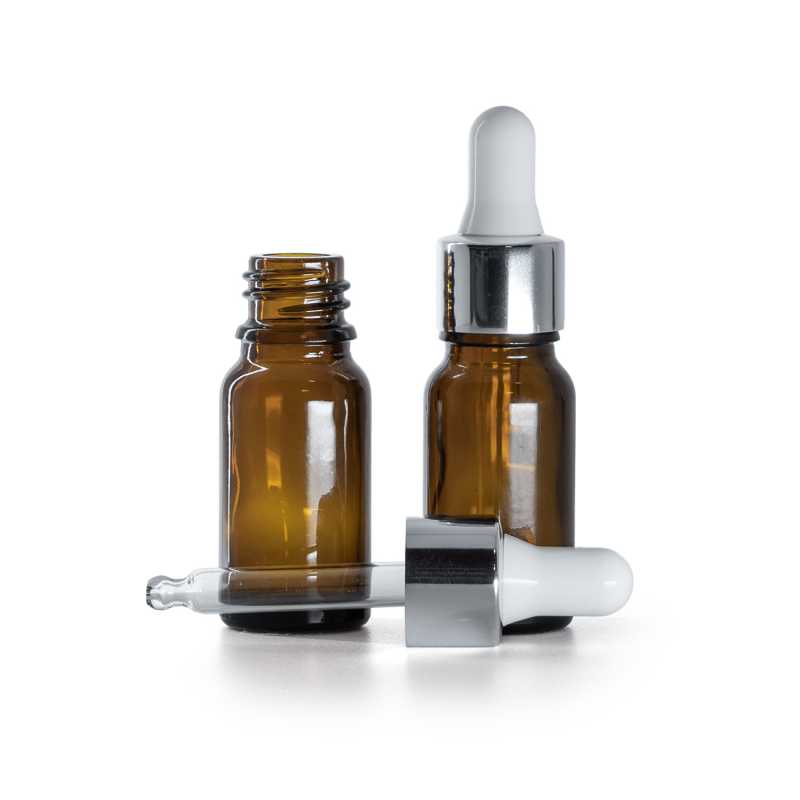 Flacon en verre ambré, compte-gouttes blanc argenté brillant, 10 ml