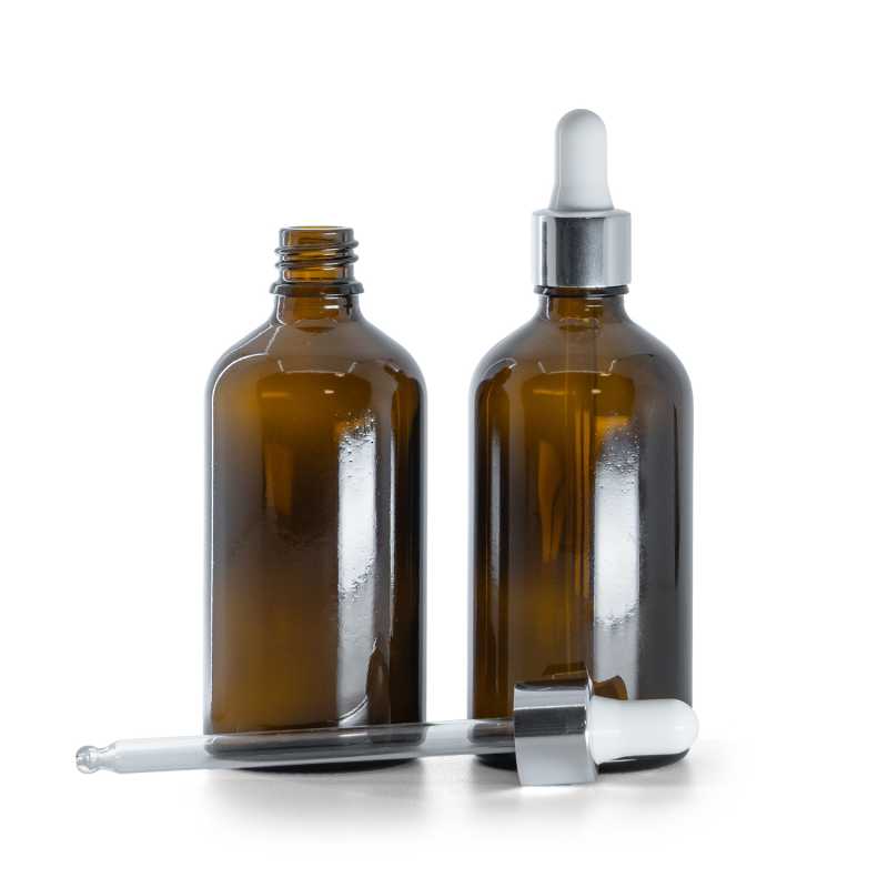 Bouteille en verre ambré, compte-gouttes blanc argenté brillant, 100 ml