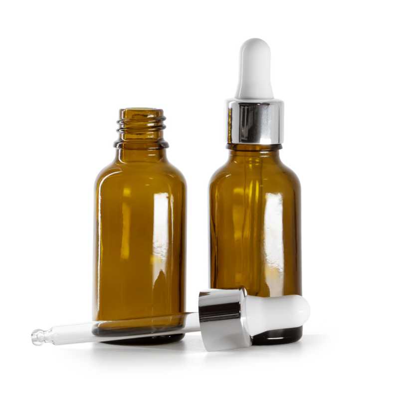 Flacon en verre ambré, compte-gouttes blanc argenté brillant, 30 ml