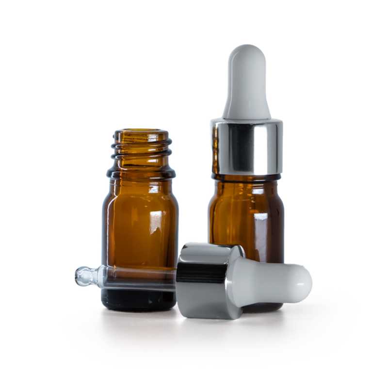 Flacon en verre ambré, compte-gouttes en argent brillant, 5 ml