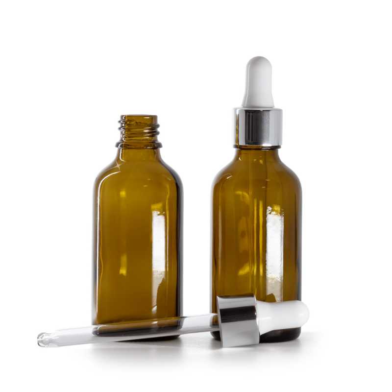 Flacon en verre ambré, compte-gouttes blanc argenté brillant, 50 ml