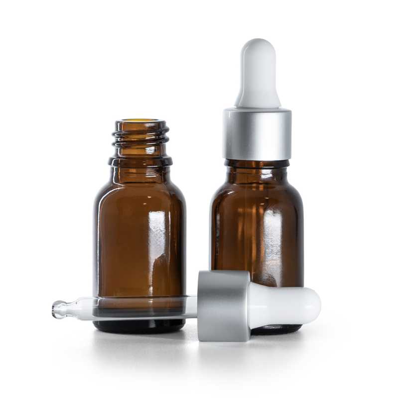 Flacon en verre ambré, compte-gouttes blanc argenté, 15 ml