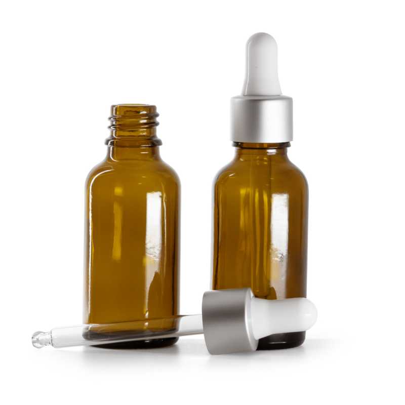 Bouteille en verre ambré, compte-gouttes blanc argenté, 30 ml