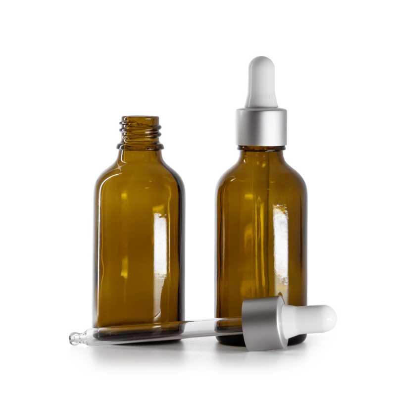 Bouteille en verre ambré, compte-gouttes blanc argenté, 50 ml