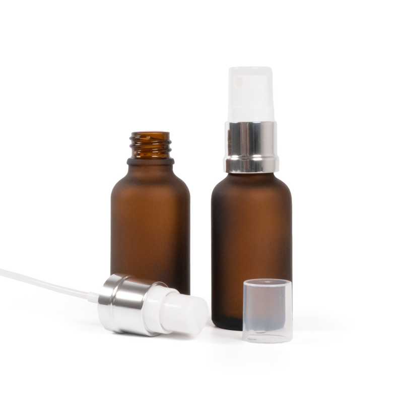 Flacon en verre ambré mat, spray blanc argenté, 30 ml