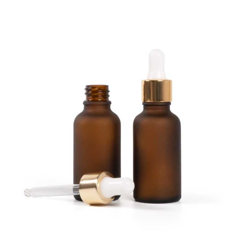 Flacon en verre ambré mat, compte-gouttes blanc doré, 30 ml