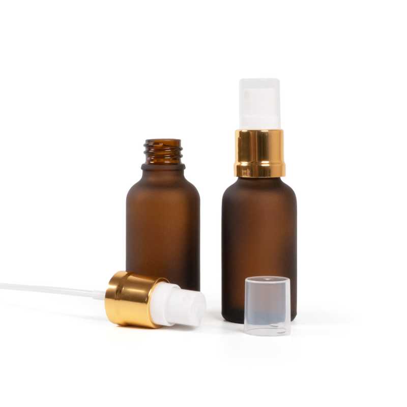 Flacon en verre ambré mat, spray blanc doré, 30 ml