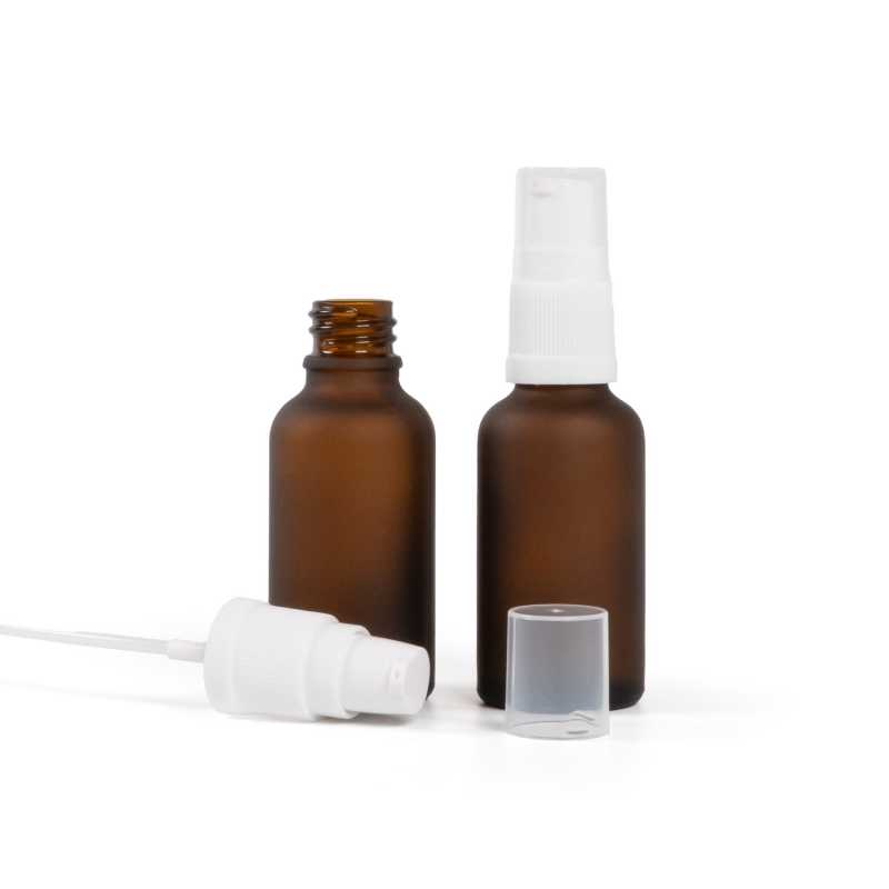Flacon en verre ambré mat, pompe à lotion blanche, 30 ml