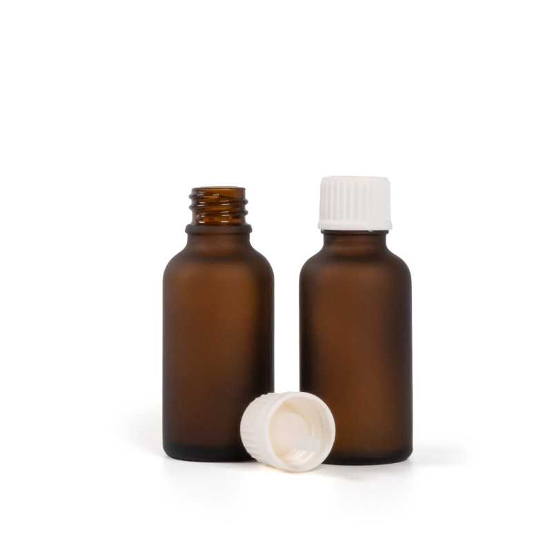 Flacon en verre ambré mat, bouchon blanc inviolable et compte-gouttes, 30 ml