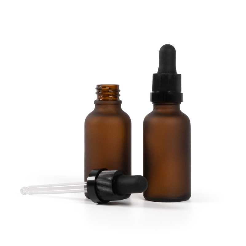 Flacon en verre ambré mat, compte-gouttes noir mat avec bande brillante, 30 ml