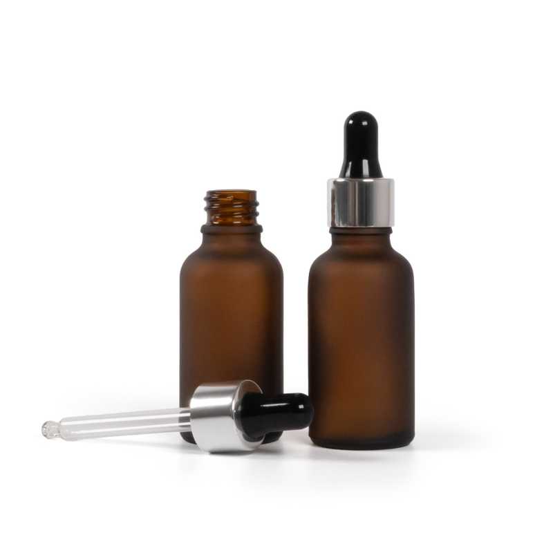 Flacon en verre ambré mat, compte-gouttes noir argenté brillant, 30 ml