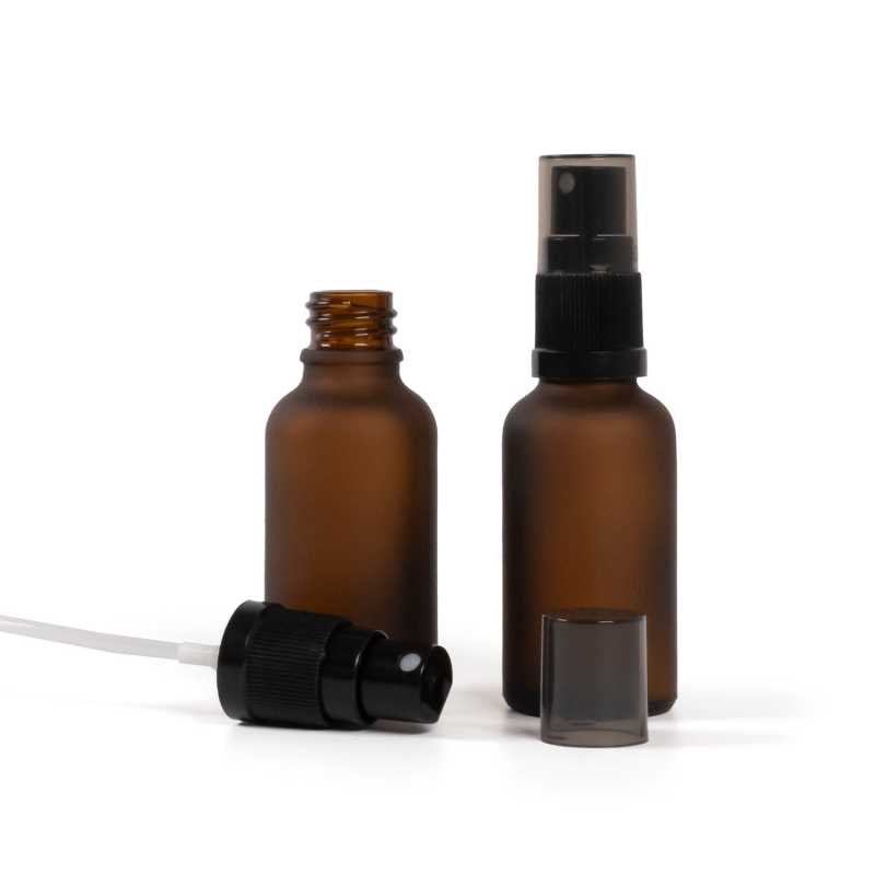 Bouteille en verre ambré mat, vaporisateur noir, bouchon fumé, 30 ml
