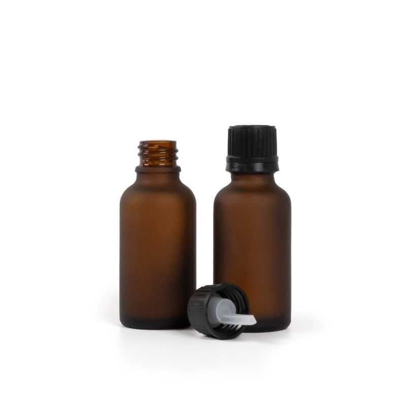 Flacon en verre ambré mat, bouchon noir et compte-gouttes 30 ml
