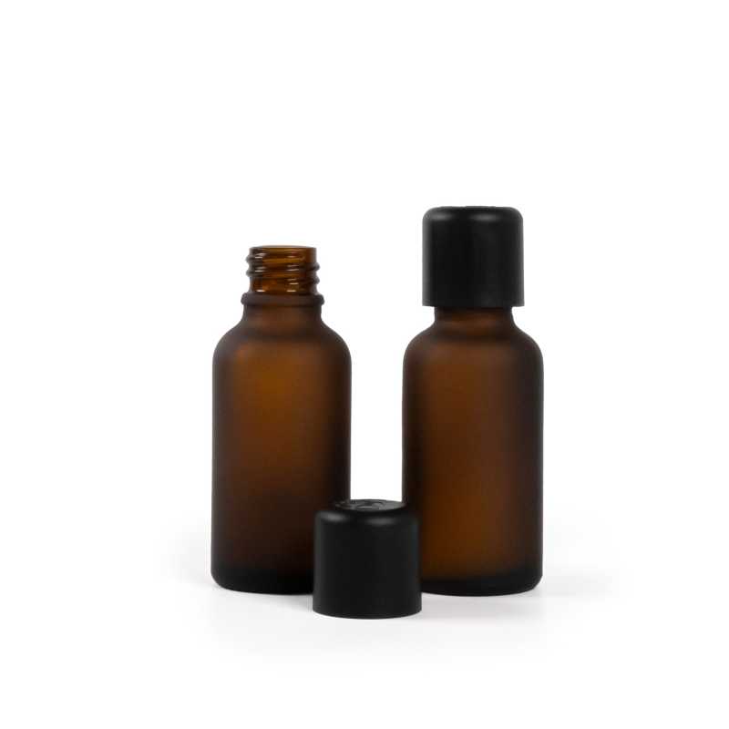 Flacon en verre ambré mat, bouchon de sécurité noir inviolable et compte-gouttes 30 ml