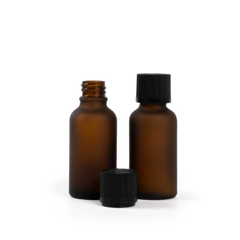 Flacon en verre ambré mat, bouchon de sécurité noir et compte-gouttes 30 ml