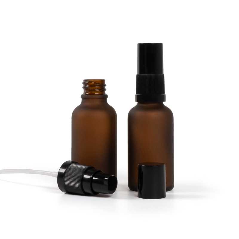 Flacon en verre ambré mat, pompe à lotion noire avec bouchon noir, 30 ml