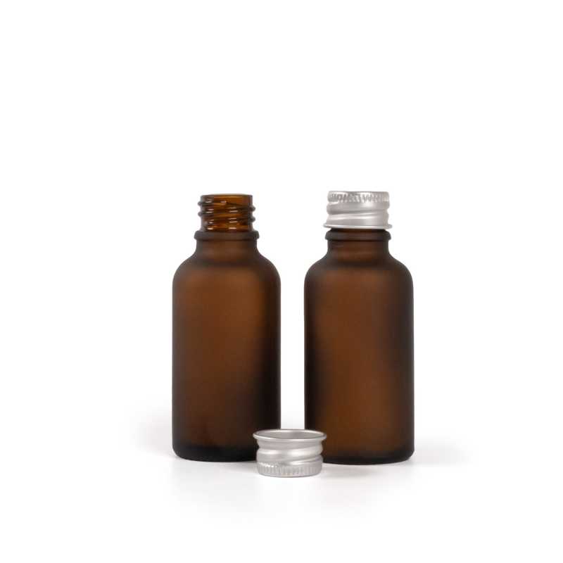 Flacon en verre ambré mat, bouchon en aluminium argenté, 30 ml
