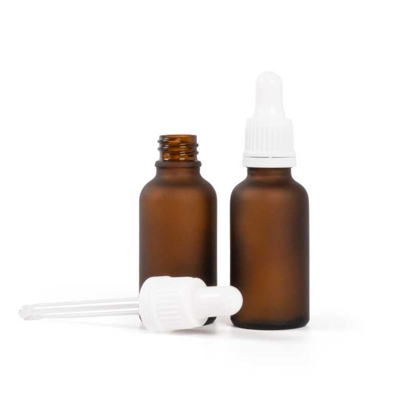 Flacon en verre ambré mat, compte-gouttes blanc, 30 ml