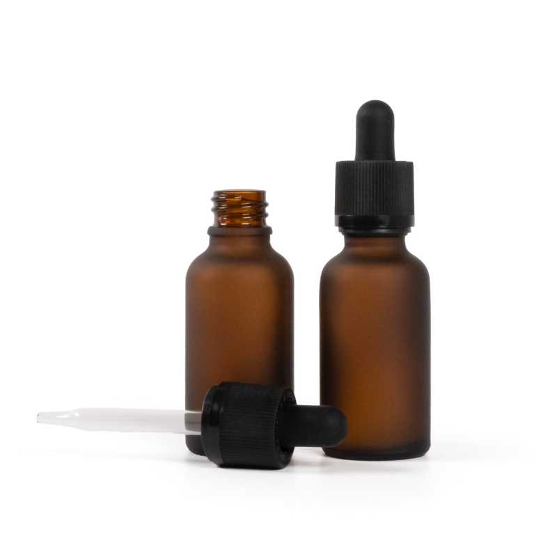 Flacon en verre ambré mat, compte-gouttes de sécurité noir, 30 ml