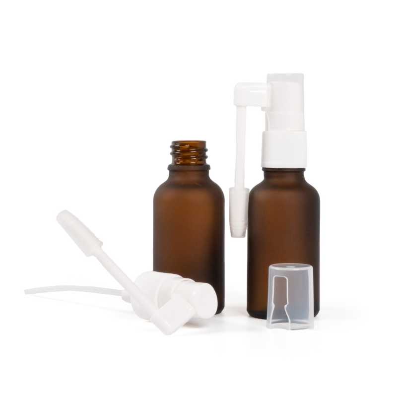 Flacon en verre ambré mat, spray oral blanc, 30 ml