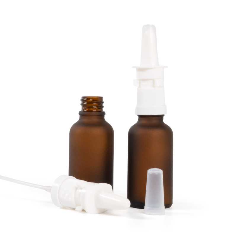 Flacon en verre ambré mat, spray nasal blanc, 30 ml