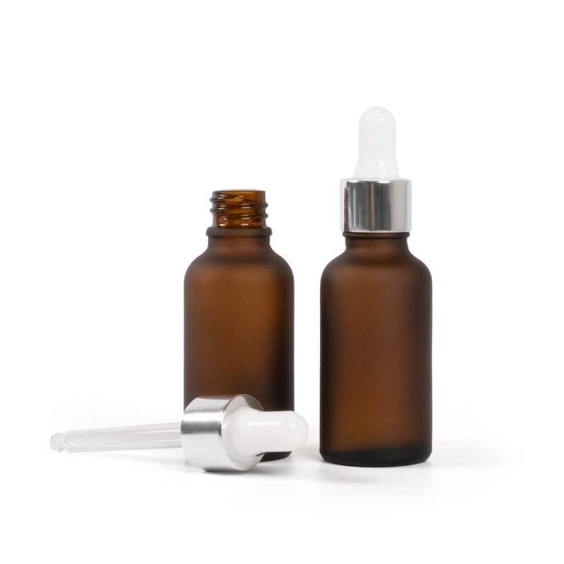 Flacon en verre ambré mat, compte-gouttes blanc argenté brillant, 30 ml
