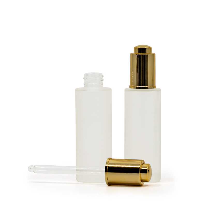 Flacon en verre dépoli, mince, compte-gouttes à poussoir doré, 30 ml