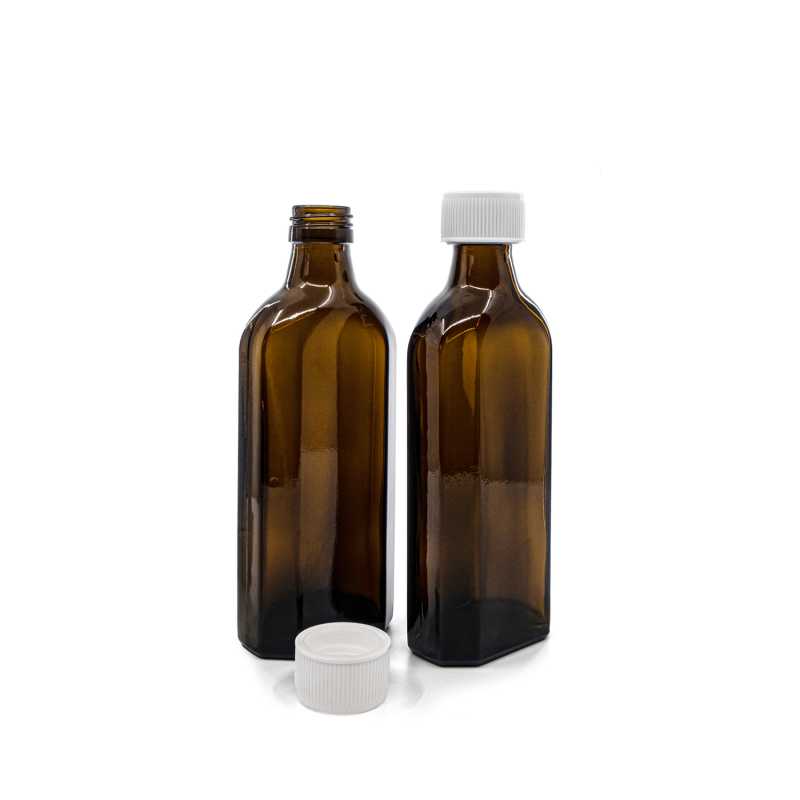 Flacon en verre brun pour usage médical, rectangulaire, PP28S, bouchon de sécurité enfant blanc, 250