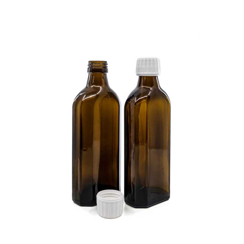 Flacon en verre brun pour usage pharmaceutique, rectangulaire, PP28S, bouchon blanc, 250 ml