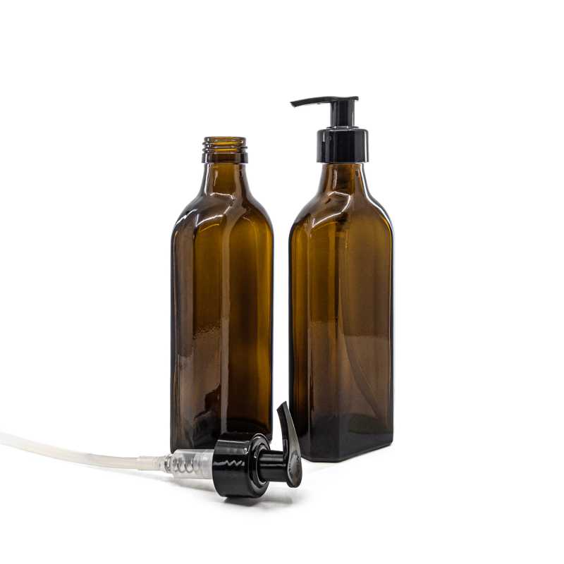 Flacon en verre brun pour médicaments, plat, PP28S, distributeur noir, collerette lisse, 250 ml