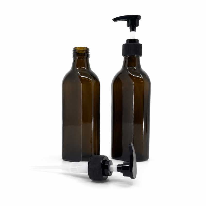 Flacon médical en verre brun, rectangulaire, PP28S, pompe noire, collerette rainurée, 250 ml