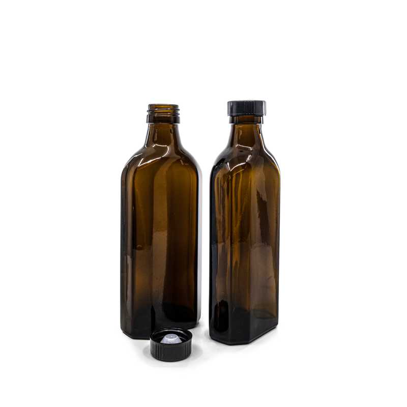 Flacon en verre brun pour médicaments, rectangulaire, PP28S, bouchon noir en bakélite, 250 ml