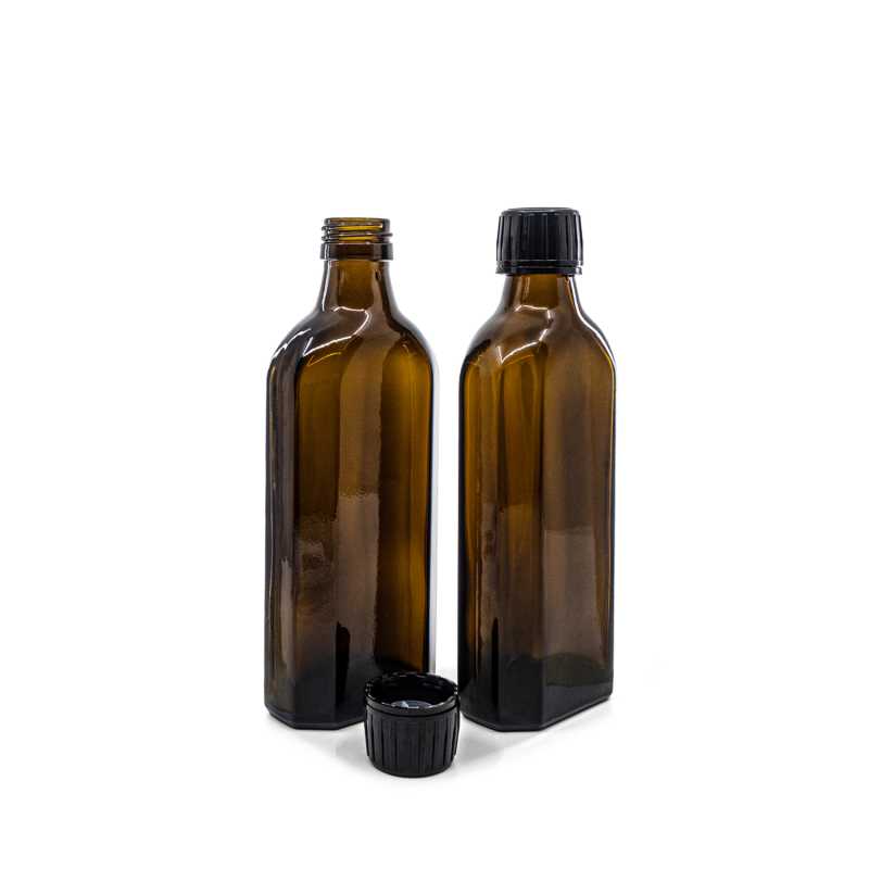 Flacon en verre brun pour usage médical, rectangulaire, PP28S, bouchon noir avec verseur, 250 ml