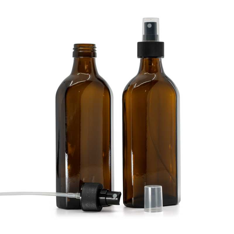 Flacon médical en verre brun, rectangulaire, PP28S, spray brume fine noir, bague rainurée, 250 ml
