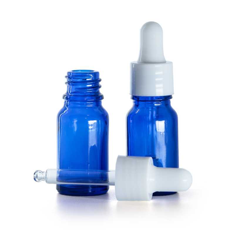 Flacon en verre bleu, compte-gouttes blanc brillant, 10 ml