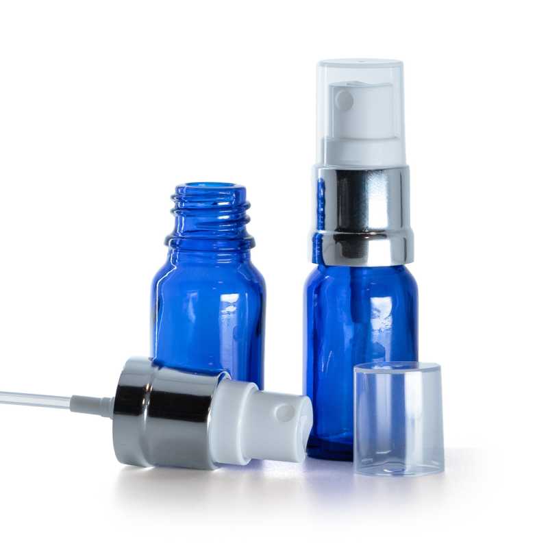 Flacon en verre bleu, spray blanc argenté brillant, 10 ml