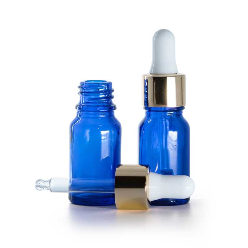 Flacon en verre bleu, compte-gouttes blanc doré, 10 ml