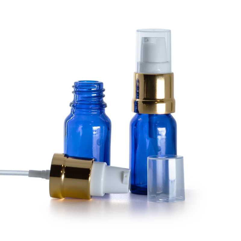 Flacon en verre bleu, pompe brillante blanc doré, 10 ml
