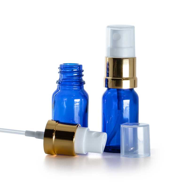 Flacon en verre bleu, spray brillant or blanc, 10 ml