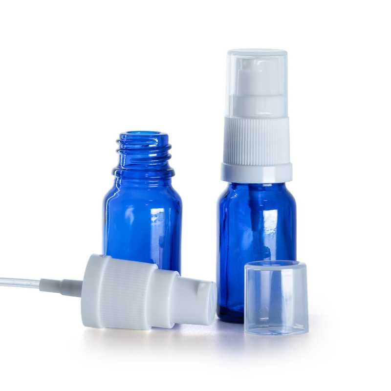 Flacon en verre bleu, pompe à lotion blanche, 10 ml