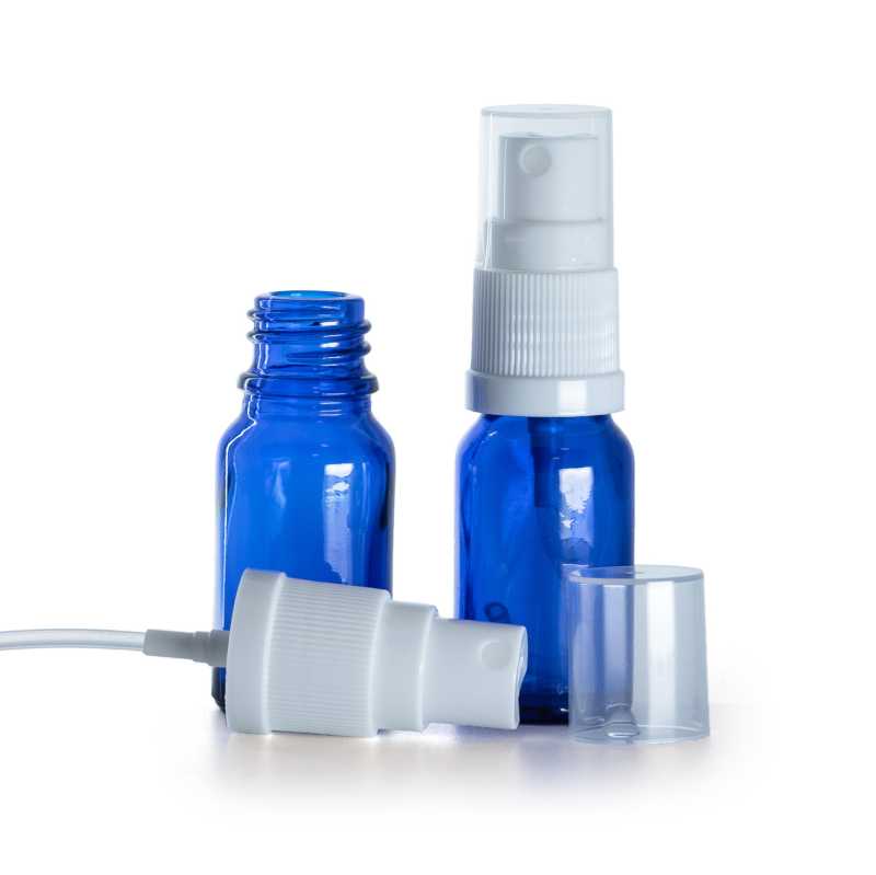 Flacon en verre bleu, spray blanc, 10 ml