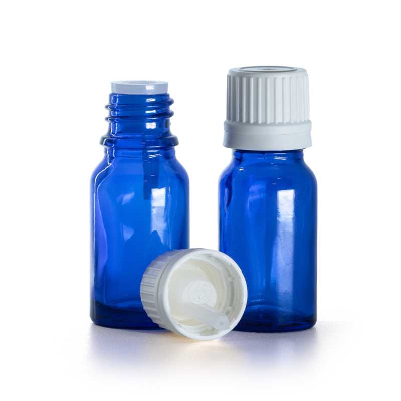 Flacon en verre bleu, bouchon blanc inviolable et compte-gouttes, 10 ml