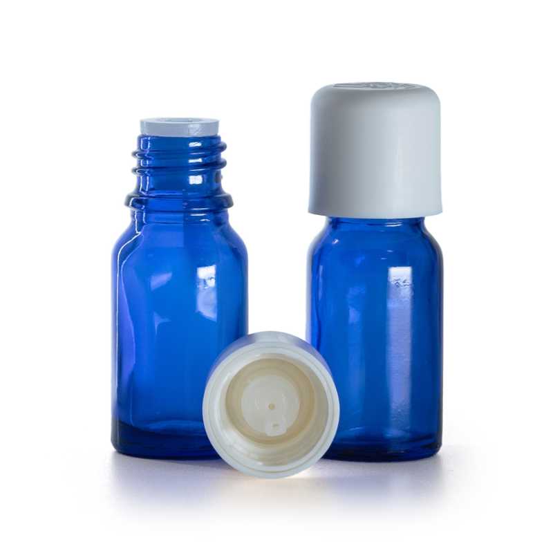 Flacon en verre bleu, bouchon de sécurité blanc et compte-gouttes, 10 ml