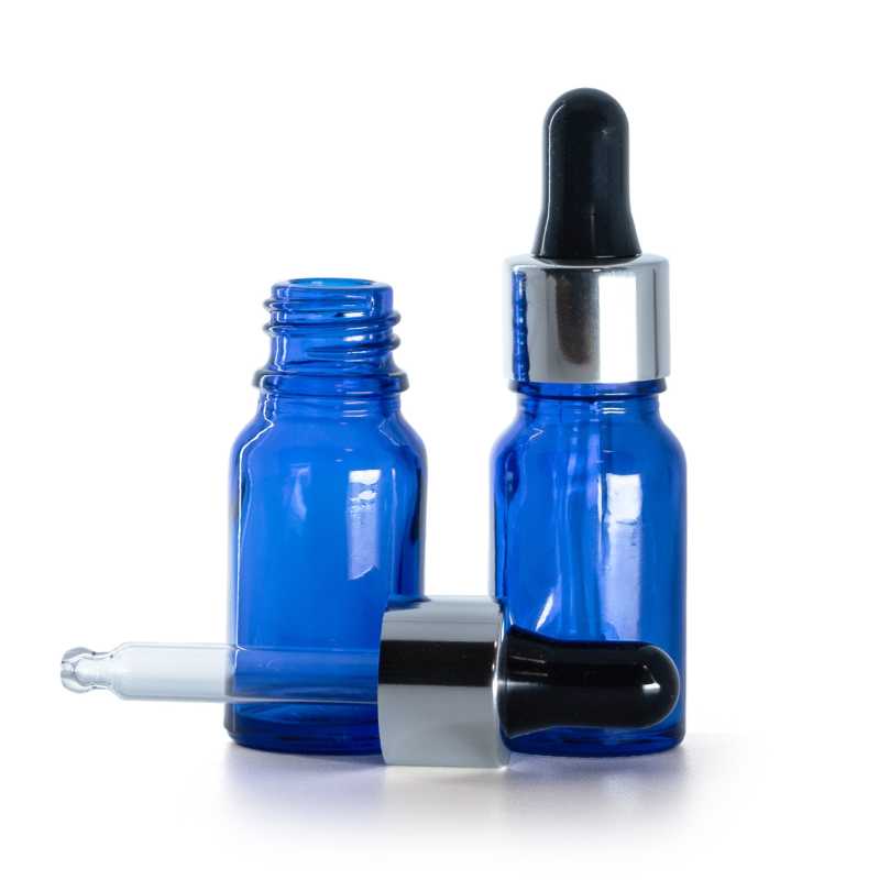 Flacon en verre bleu, compte-gouttes noir argenté brillant, 10 ml