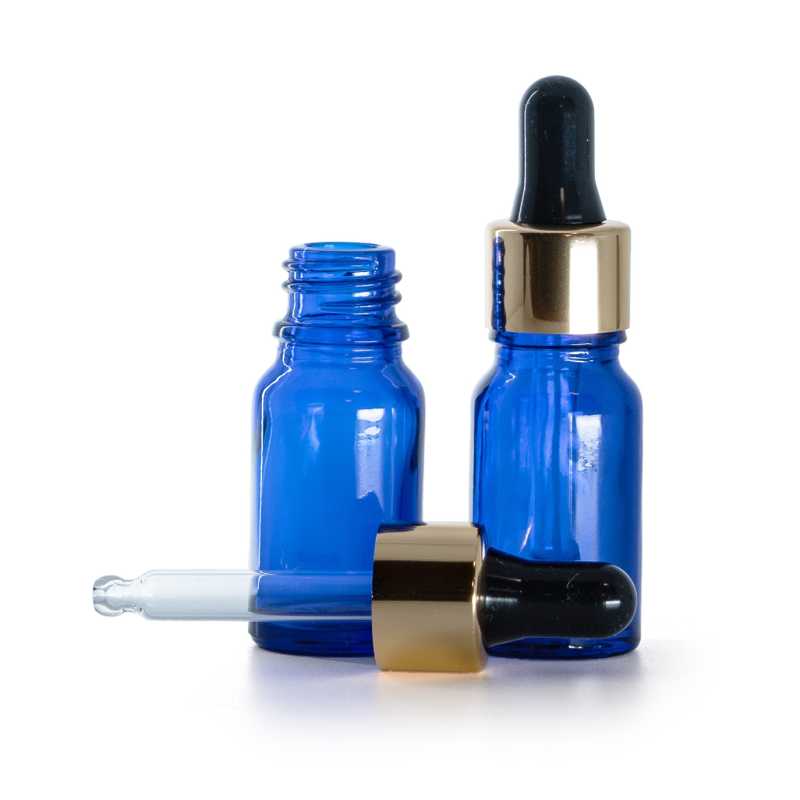 Flacon en verre bleu, compte-gouttes noir doré, 10 ml