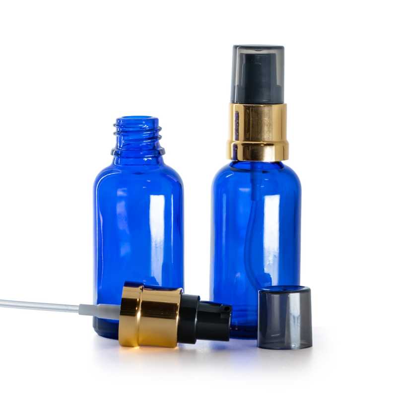 Flacon en verre bleu, pompe noire et dorée brillante avec surcapuchon fumé, 30 ml