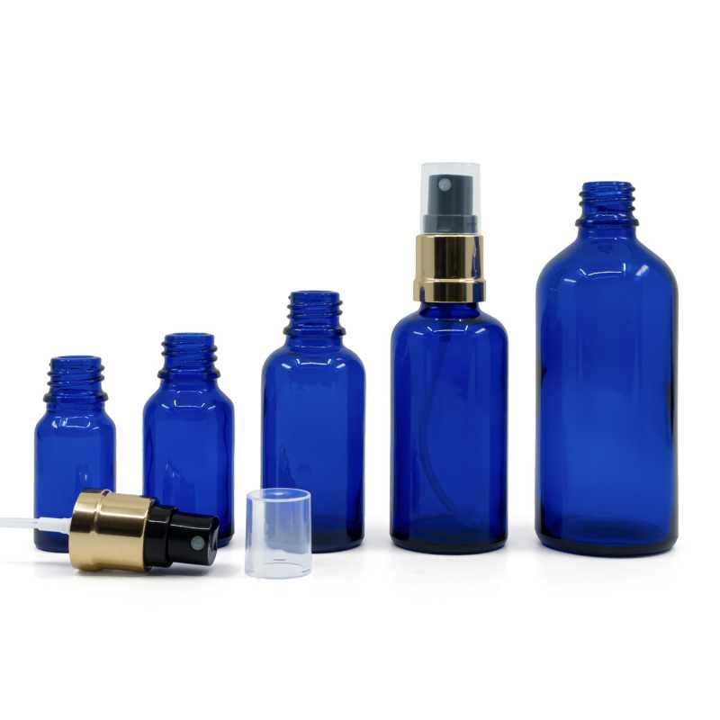 Flacon en verre bleu, spray brillant or noir, 50 ml